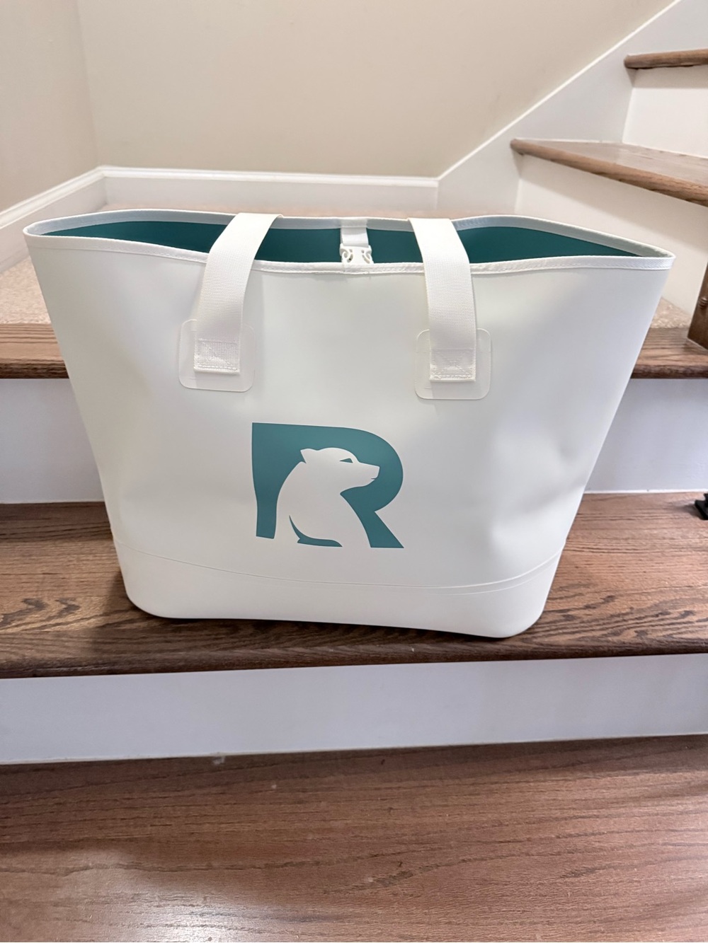 Rtic White Tote with Teal logo and interior